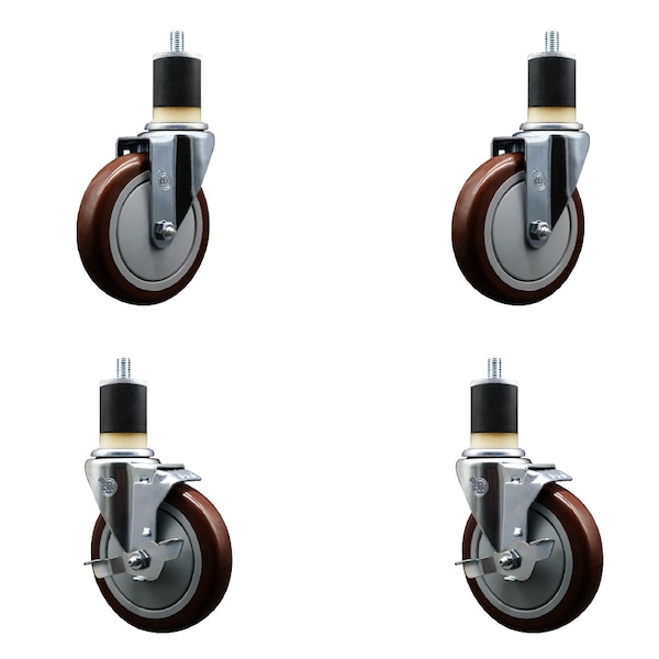 Service Caster 5'' Maroon Poly Wheel Swivel 1-7/8'' Expanding Stem Caster Set 2 Brakes, 4PK SCC-EX20S514-PPUB-MRN-2-TLB-2-178 - main